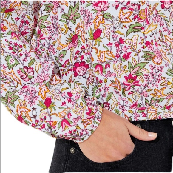 Loft Jungle Wrap V-Back Multicolor Floral Elasticized Hem Top EUC Size Medium - Picture 4 of 14